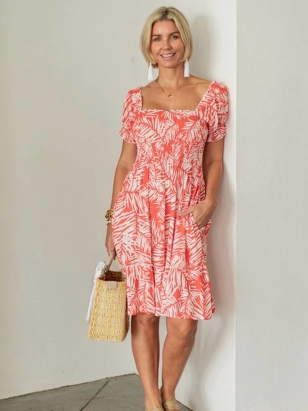 coral tropical leaf dress - la mer luxe